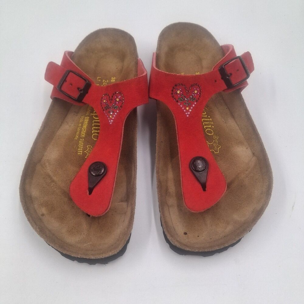Birkenstock Papillio Sandals Size 38/ 7 Red Suede Gizeh Glitter Sparkle Hearts - Picture 8 of 8